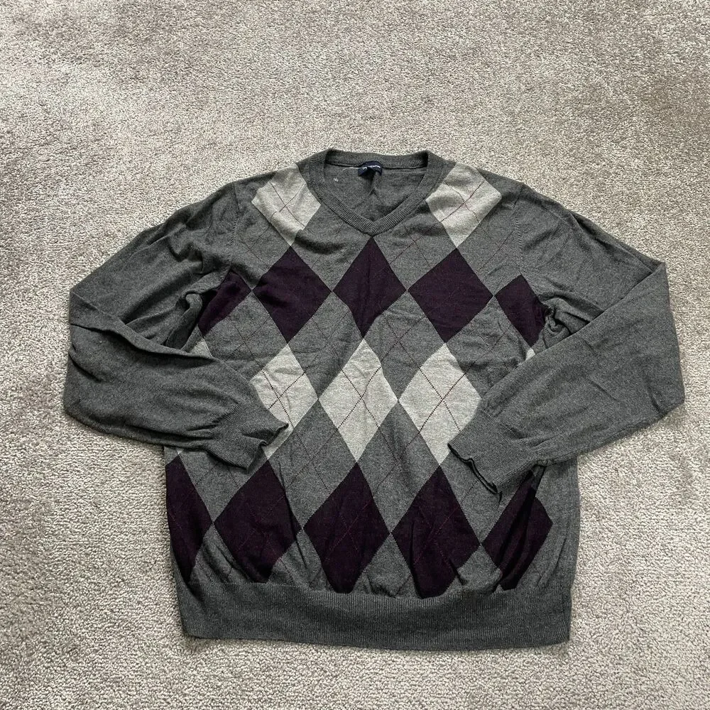 Croft & Barrow Sweater Pullover Mens XL Multicolor Argyle/Diamond Knit V-Neck